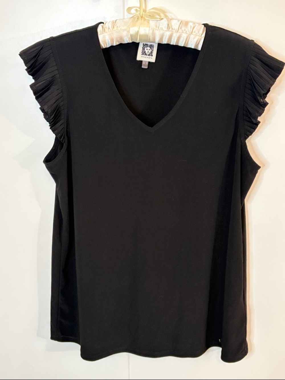 Anne Klein Black V-Neck Tank with Pleated Cap Sleeves